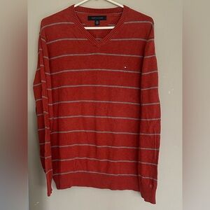Tommy Hilfiger size LARGE Rust Red V-Neck Sweater with Gray Stripes